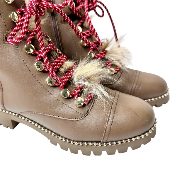 Cecelia New York Trekker Combat Boots Taupe Brown Tan Faux Fur Gold SZ 7.5 - Picture 7 of 16